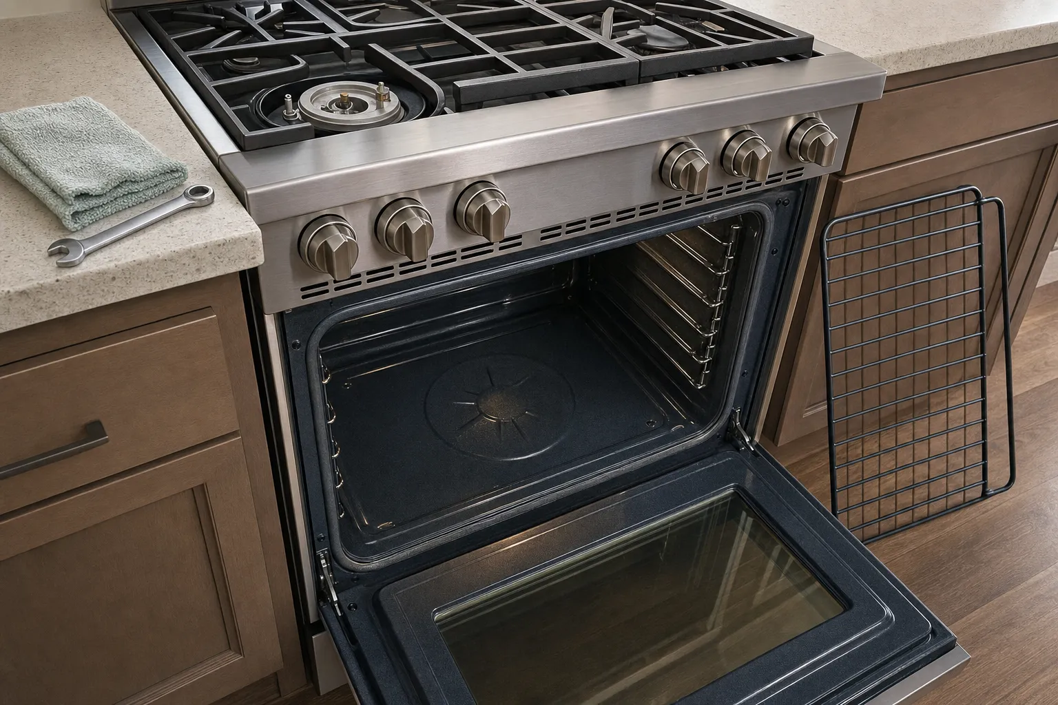 Stainless gas range with the oven door open, one sealed burner taken apart and a wrench on the counter
