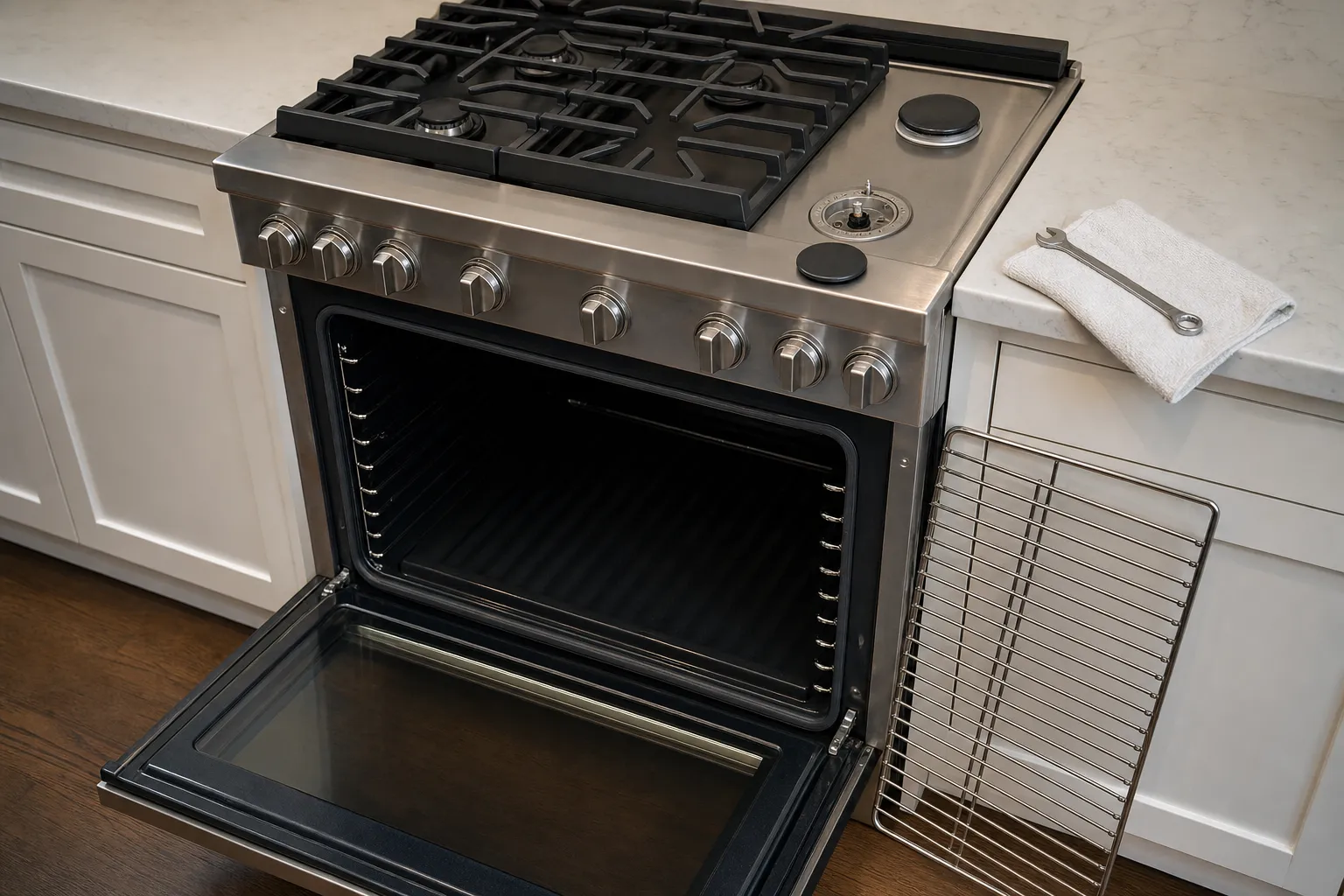 Stainless gas range in a white kitchen, oven door open and racks out, a wrench resting on a towel nearby