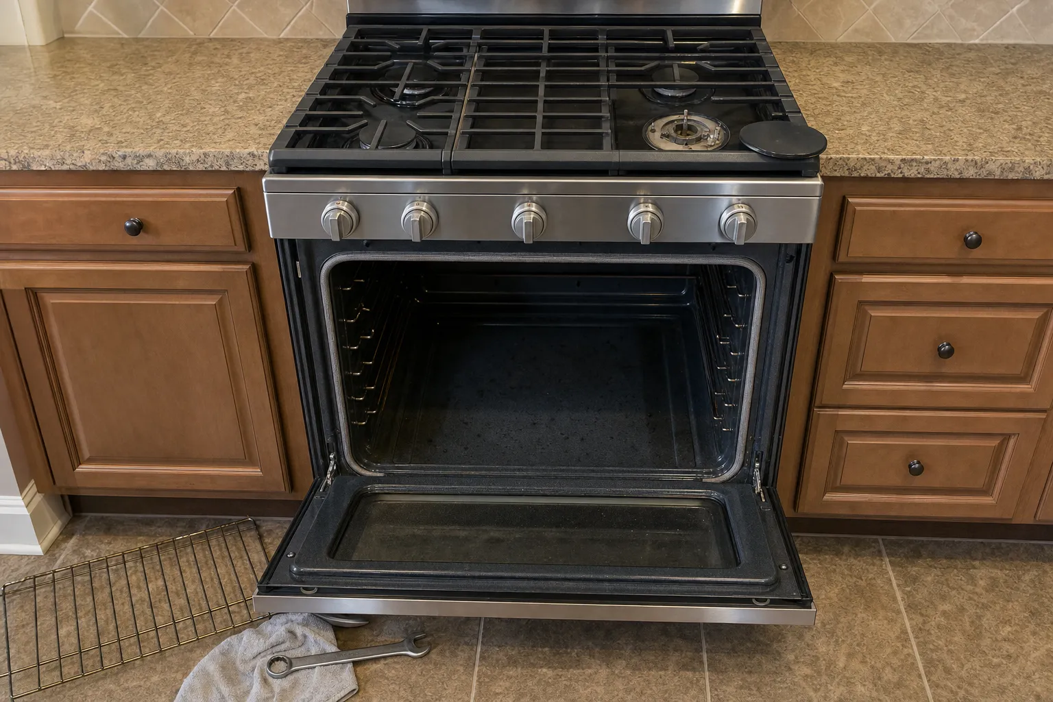 Stainless gas range between wood cabinets, oven door open, rack, towel and wrench on the tile floor