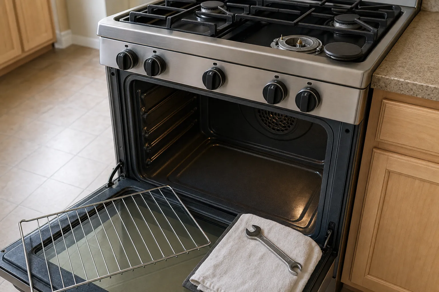 Open oven cavity and door with an oven rack leaning on it and a wrench on a folded towel