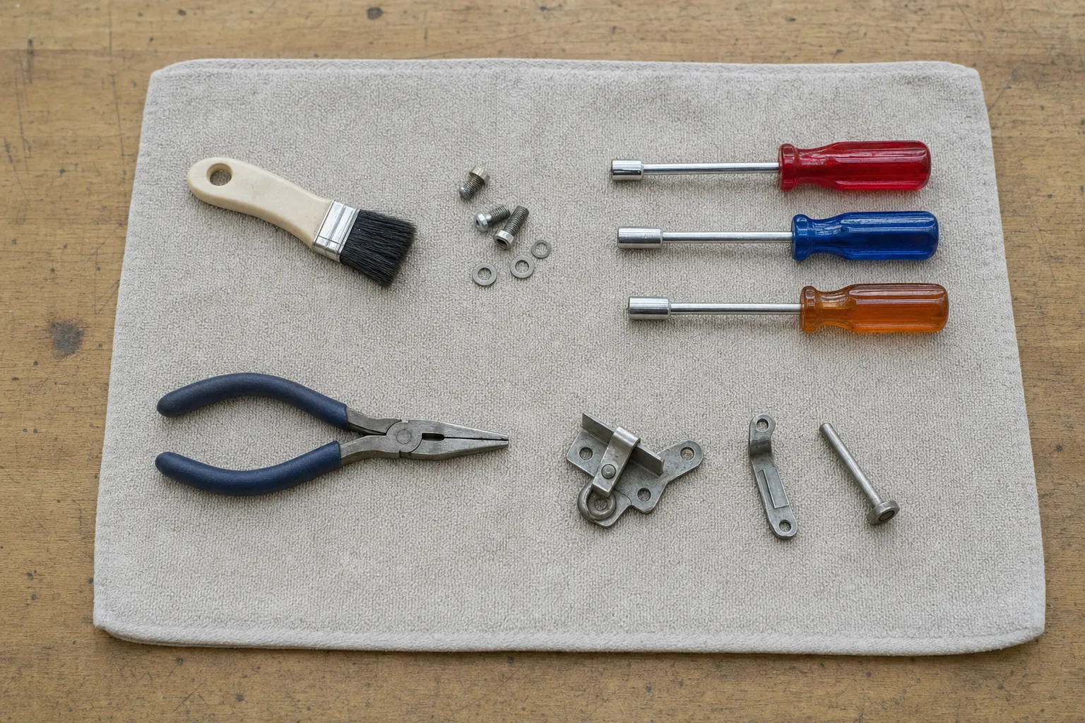 Nut drivers, pliers, a brush and hinge hardware laid out on a shop towel
