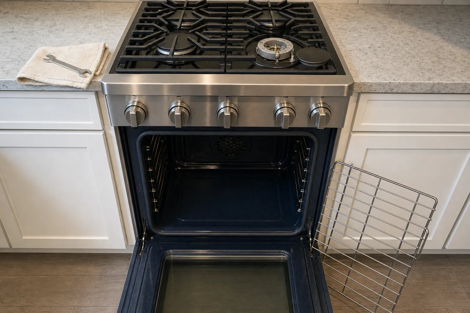 Stainless gas range, oven door open and cavity empty, wrench on a folded towel at the edge of the counter
