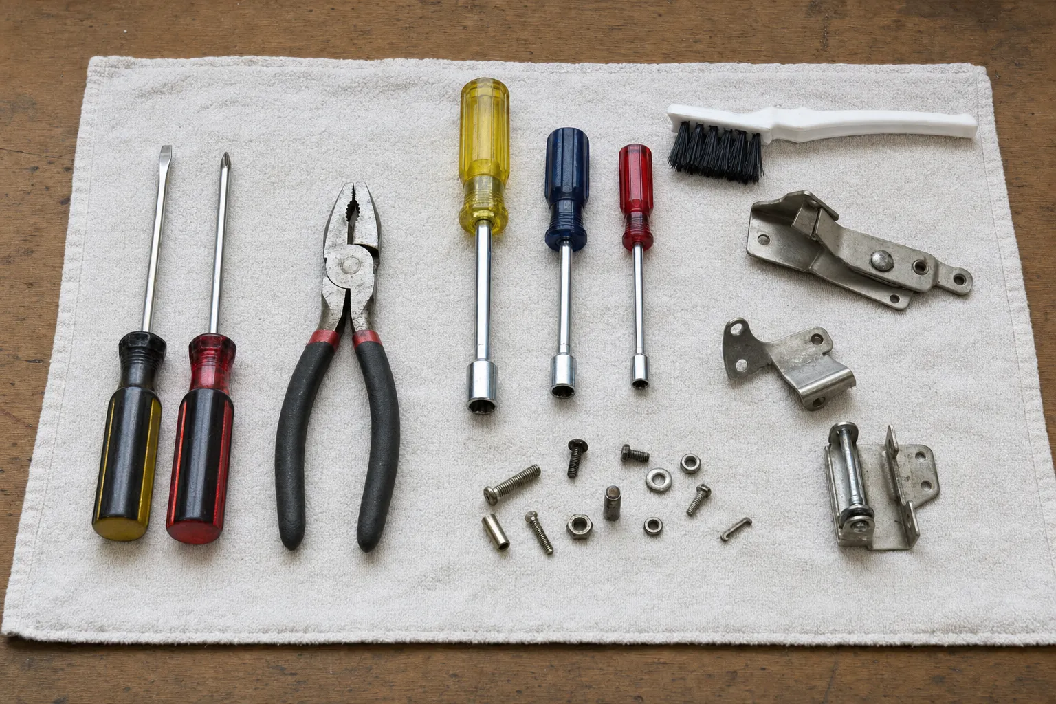 Two screwdrivers, lineman pliers, three nut drivers, a plastic brush, three hinge brackets and loose nuts on a towel