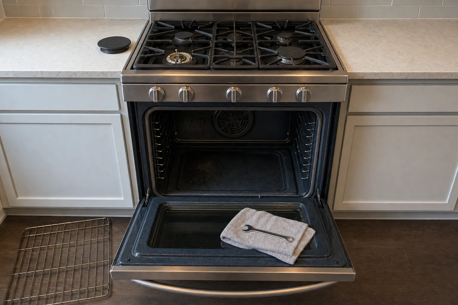 Four-burner gas range with a folded grey towel and wrench on the open oven door and a rack on the floor
