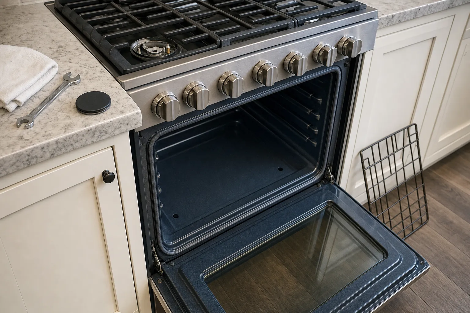 Angled view along a row of range knobs, the oven open below and a burner cap, wrench and towel on the granite counter